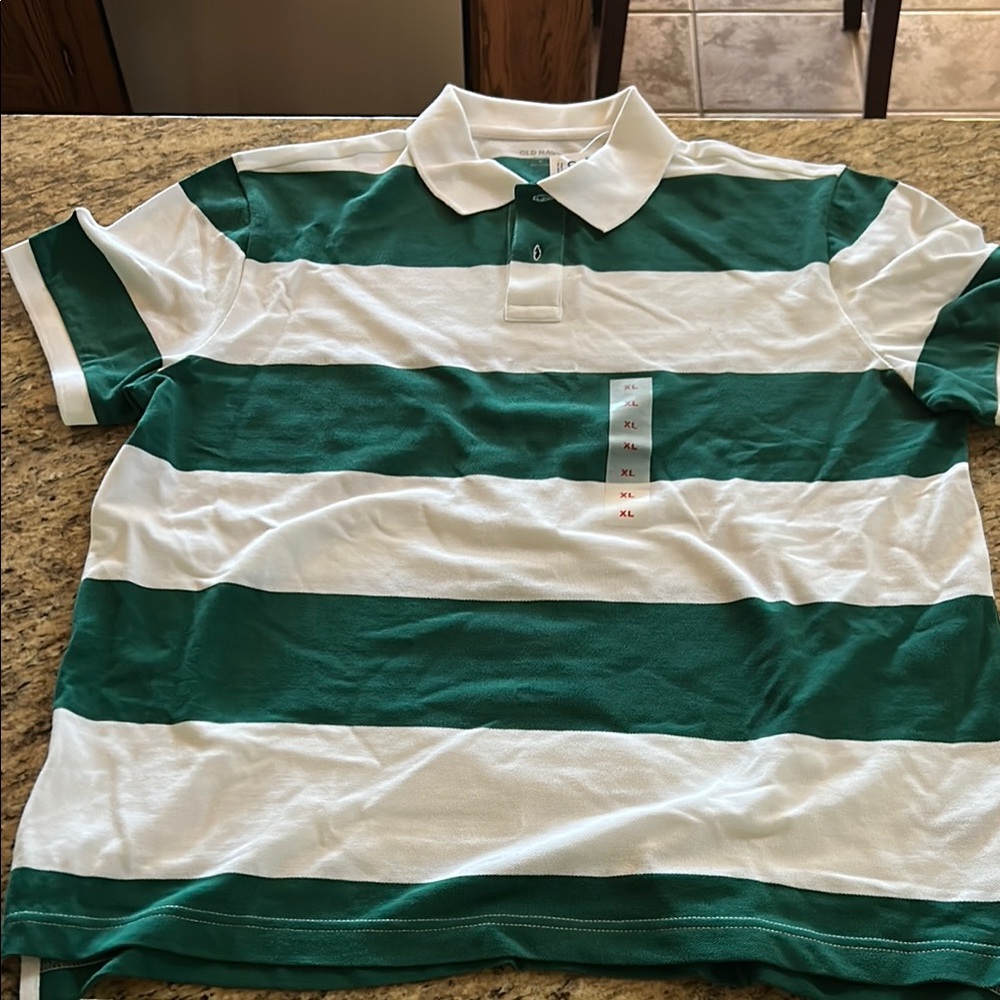 Old Navy Green and White Striped Polo Shirt